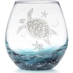 Sea Turtle Stemless  Glass, 19 Oz Ideal   Coastal Beach Gifts for Sea Turtle Lovers, Birthday Mother's Day Gifts for Party Women Man Mom Friends Co-worker (Crackle Teal)