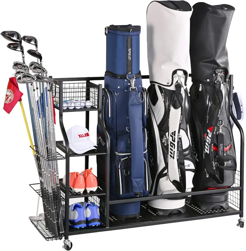 Golf Bag Organizer Garage Storage Rack for 3 Bags & 12 Clubs with 4 Wheels & Brake Sturdy Steel Construction Premium Quality Golf Storage Solution