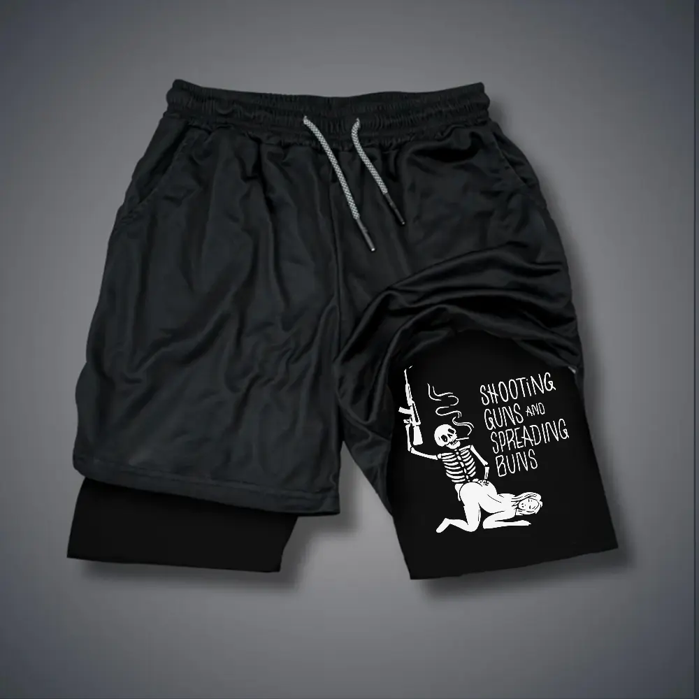 SHOOTING GUNS AND SPREADING BUNS Skull with Sexy Lady 80s 90s summer men shorts for men jorts outfit men graphic shorts Double-layer sports shorts Comfortable short shorts summer