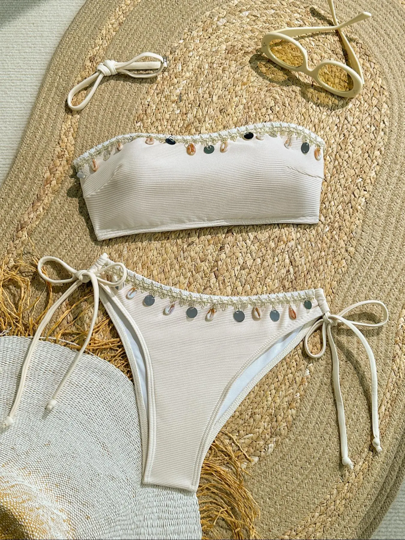 Women's Solid Color Tie Shoulder Bikini Set, Fashion Chic Casual Swimsuit for Beach Holiday Vacation, Ladies Swimwear for All Seasons