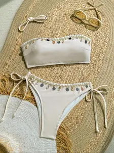 Women's Solid Color Tie Shoulder Bikini Set, Fashion Chic Casual Swimsuit for Beach Holiday Vacation, Ladies Swimwear for All Seasons