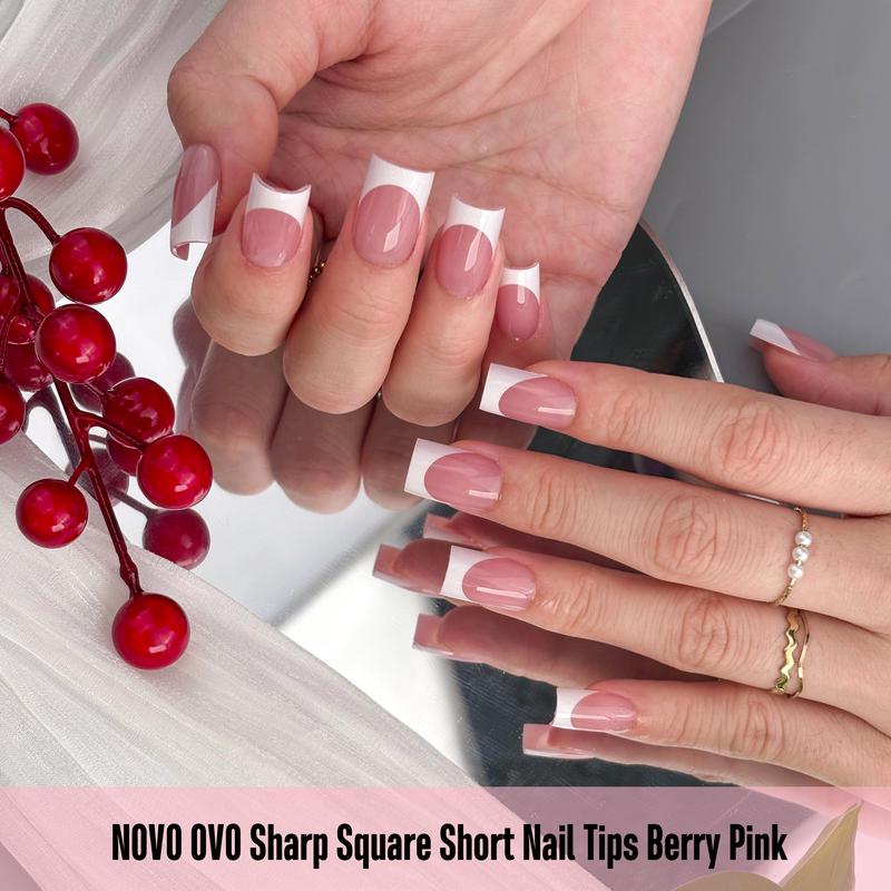 NOVO OVO Short Sharp Square White French Tip Nail Tips Press on BERRY PINK, Need Builder Gel Top Coat Nail Glue, Soft Gel Fake Nail Extension, Full Cover False Nails for Salon DIY x 15 Sizes 240 pcs【NO GLUE ,TOP COAT AND LAMP INCLUDED】