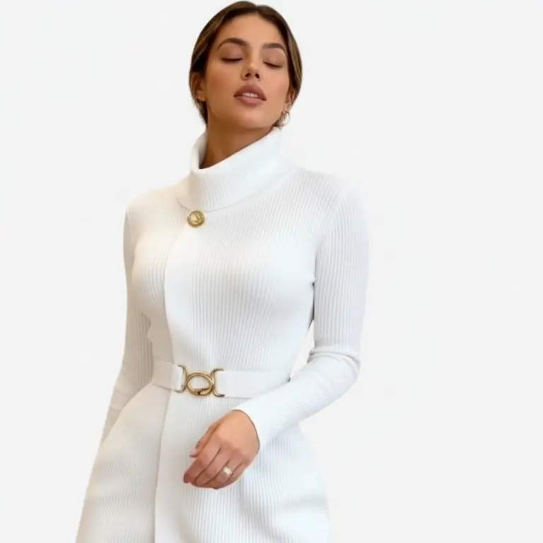 GoldBallin Women's New French Knit Cardigan with Belt Vertical Striped Cream Color Fashionable Outerwear Stylish Design Functional Details