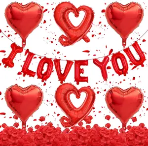[USA stock] - 6 Red Heart Balloons & I Love You Balloons - Valentines Balloons with 500 Rose Petals for Anniversary, Engagement, Romantic Surprise Gift
