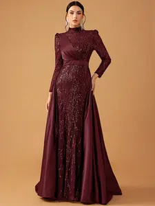 Elegant Women's Ballroom Formal Evening Gown, Luxurious Sequined Satin Woven High Neck Long Sleeve Fitted Wrap Dress, Perfect Party Wear