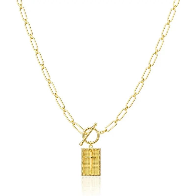 Women's Chunky 14K Gold-Silver Plated Cross Necklace, Paperclip Chain with Cross Design Pendant Toggle Clasp, Dainty Religious Daily Wear Jewelry Fashion Gift, Daily Wear Necklace