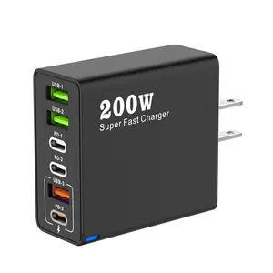 200w 6 Ports USB C PD Charger 200W Quick Charge 3.0 Type C USB Phone Chargers Super Fast Charging Adapter For iPhone Samsung Xiaomi PD Wall Charger Multifunctional Desktop Charger