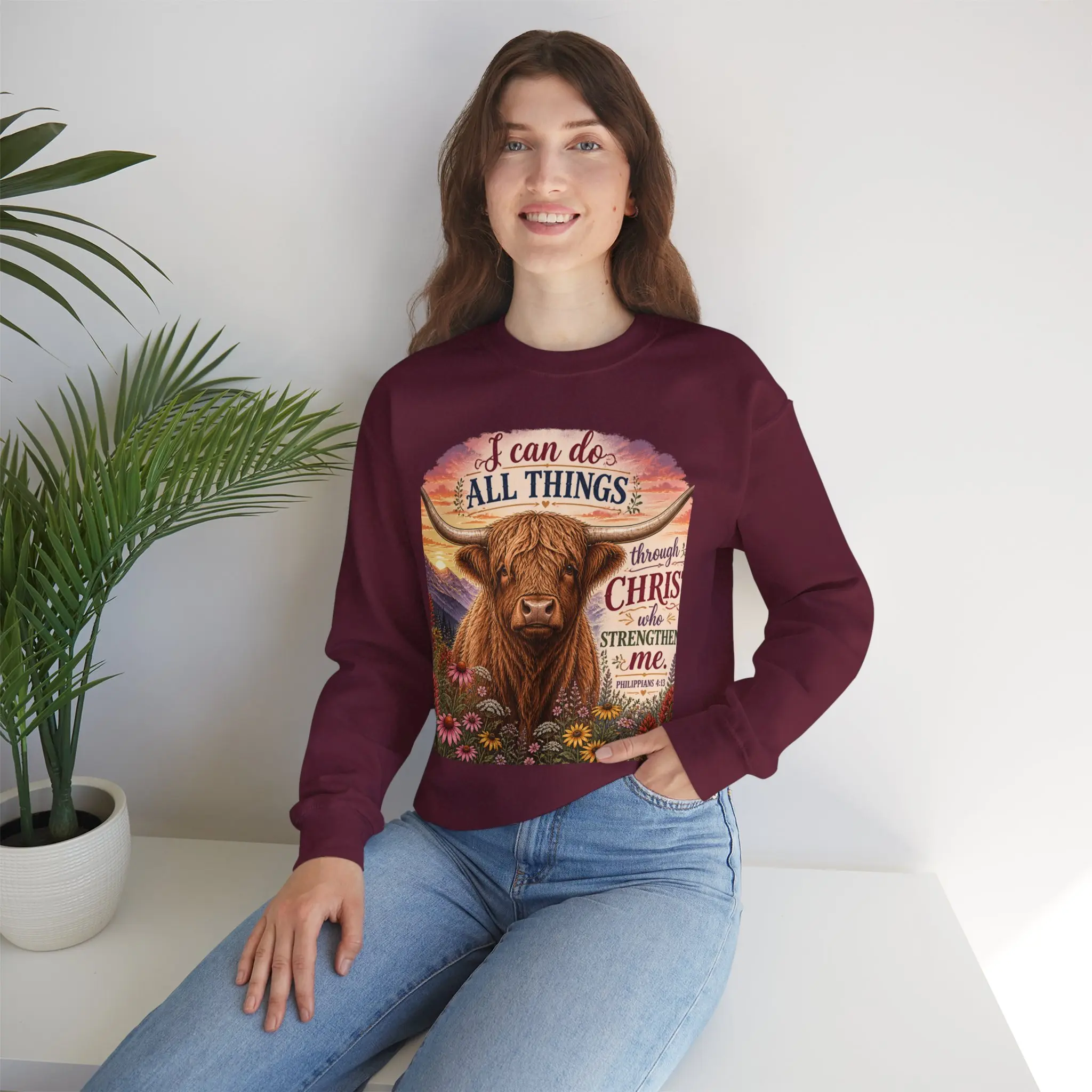 I Can Do All Things Through Christ Sweatshirt - Maroon Long Sleeve Top with Inspirational Quote and Cow Design
