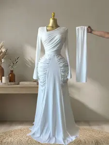 QFAF Women's Asymmetrical Neckline Flare Long Sleeve Elegant Ruched Design Stacked Side Bodycon, Fitted Mermaid Maxi Dress, Fall Birthday Party Sexy Formal Evening Gown with Scarf Long Dresses, Sexy Clubwear Holiday Cocktail Dresses, Womenswear, Lady