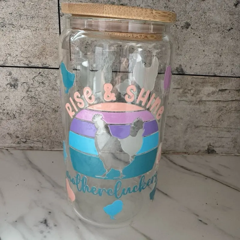 Rise and Shine Chicken Glass Can with Fun Design and Wooden Lid