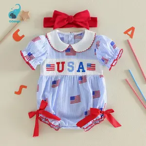 Baby Girl 4th of July Striped Romper Letter Embroidery Star/Flag Print Doll Collar Jumpsuit with Cute Headband