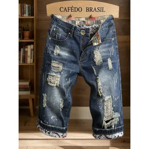 Men's High-Street Style Shorts - Trendy and Popular, Five-Point Length, Hobo-Style Ripped, Plus-Size, Straight-Leg Pants Outerwear