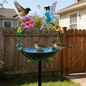 Metal Bird Bath with Fairy Garden Stake, Outdoor Bird Feeder Bowl for Wild Birds, Decorative Butterfly & Flower Birdbath for Yard, Patio, Lawn, Garden Art Decor, Weather Resistant, Bird Supplies