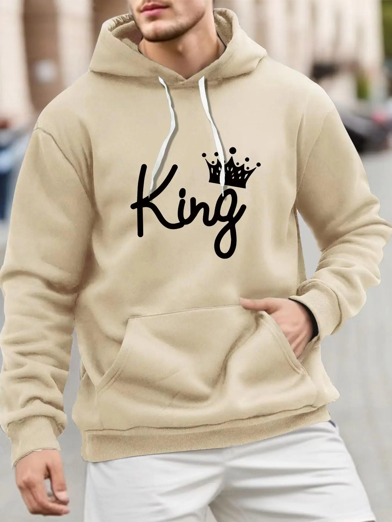 Men's Letter & Crown Print Drop Shoulder Thermal Lined Hoodie, Fashion Casual Regular Fit Drawstring Pocket Hooded Sweatshirt for Daily Holiday Outdoo