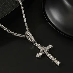 Chunky Gold Cuban Link Necklace Set for Men, Iced Out Diamond Cross Pendant, Punk Hip Hop Style Zinc Alloy Jewelry for Daily Wear