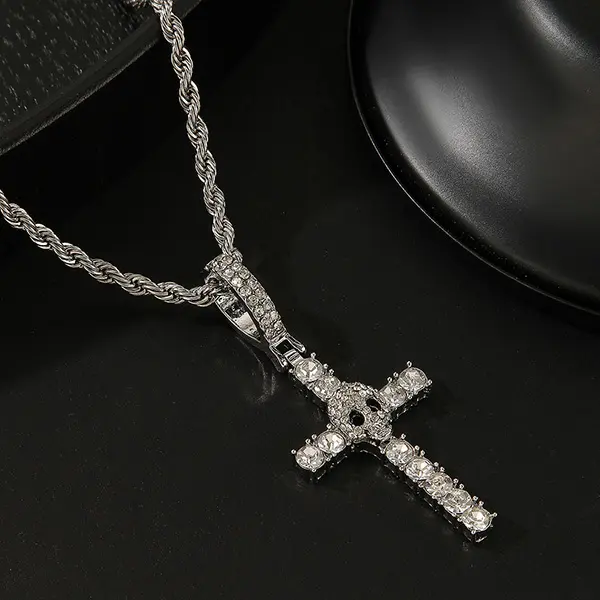 Men's Chunky Gold Cuban Link Chain Set, Iced Out Rhinestone Cross Pendant Punk Hip Hop Zinc Alloy Jewelry for Daily Wear, Rhinestone Cross Pendant Jewelry Sets, Chunky Charm Necklace, Gold Chain Detail