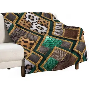 30x40" Luxury Leopard Print Fur Patchwork Throw Blanket - Gold Accent, Geometric Texture Flannel Fleece, Decorative for Sofa Couch, Outdoor Use