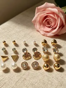 12 Pairs Women's Earrings Set, Trendy Minimalist Stackable Earrings, Heart Pearl Rhinestone Daily Jewelry, Party Graduation Mother's Day Gift