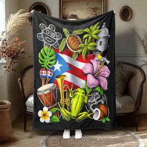 Puerto Rico Flag Frog Art Throw Blanket-Vibrant Tropical Design with Coins, Drums and Plants-All Season Flannel Gift for Home, Christmas Or Birthday