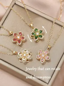 Copper Blossom Rotating Stress Relief Necklace for Women, Elegant Design with Cubic Zirconia Inlay, Adjustable Length, Perfect Gift for Any Occasion, Charms Necklace
