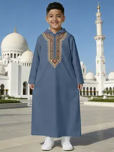 Boys' Blue Zippered Hooded Ethnic Embroidery Thobe, Ramadan Middle Eastern Traditional Casual Wear