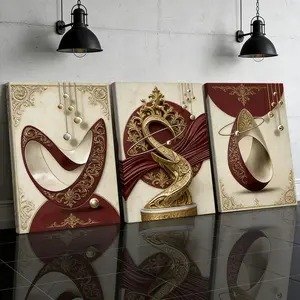 3 Counts Wooden Framed Canvas Painting, Abstract Gold And Red Geometric Art Images, Exquisite Poster, Perfect Gift, Decor For Living Room, Bedthroom, Modern Art, Fashion Family Poster, Wall Art Decoration, Modern Abstract Design