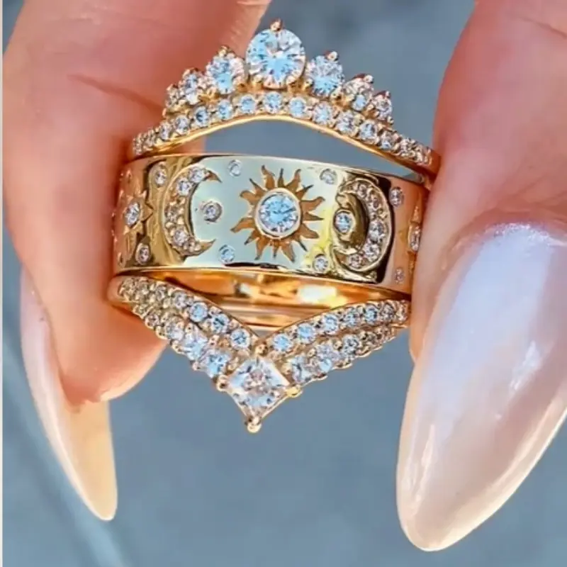 Celestial Stack Ring - Micro-Pavé Crescent & Sun in Adjustable Fit zircon ring