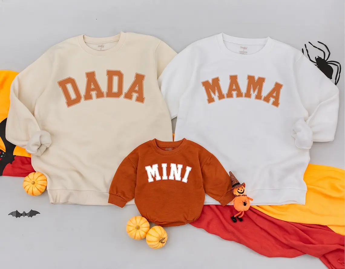 CUSTOMIZED Family Matching Sweatshirts Mama Dada Mini Halloween Outfits for Mom Dad and Baby Autumn Clothes Fall Gift Book Theme Hoodie Casual Tops Personalized Mama & Me Pumpkin Sweatshirts