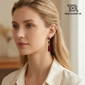 True Accent US Burgundy Geometric Drop Earrings Enamel Vintage Jewelry For Women Pop Of Red Aesthetic Old Money Quiet Luxury BFF Sister Gift Party Chic Anti Tarnish Floating Display Box Trendy