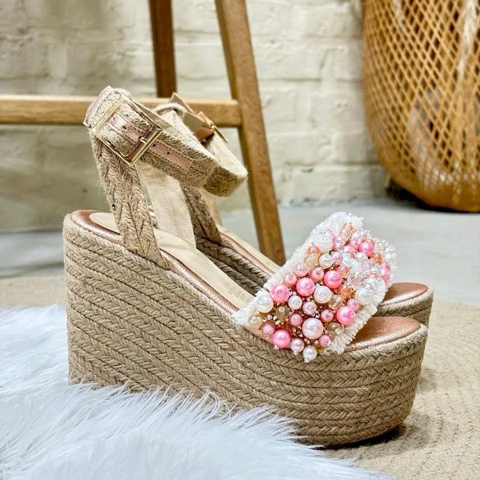 ZULEMA Elegant Beaded Wedge Sandals with Jute Straps and Pearl Embellishments for Women