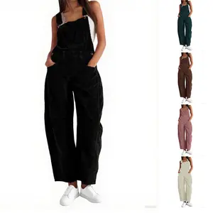 Kingapril Corduroy Overalls for Women Barrel Wide Leg Bib Corduroy Pants Women Adjustable Romper Jumpsuit with Pockets