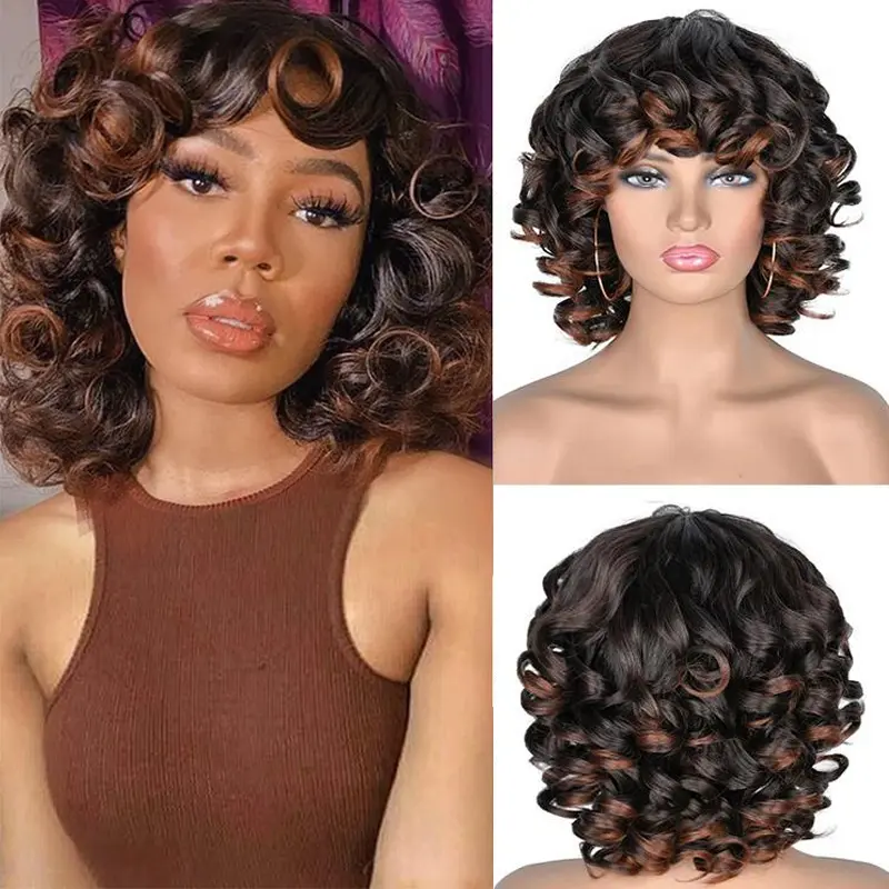 Short Curled African Wig with bangs for Black Women 14 "Ombre African Wig Black Brown Highlighted Curved Curled Synthetic Wig Hair Replacement Wig Cute Fashion Natural Short Ombre 2-Tone Wig (Black+Brown)