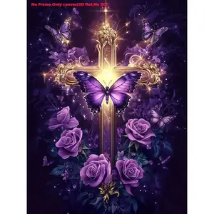 1pc 2D flat Unframed wall decor,Diamond Art Kits for Adults,Purple Butterfly Cross Diamond Paintings Kits for Beginners,Paint by Diamonds Dot Full Drill Round Art Crafts,Home Wall Art Decor,Unframed