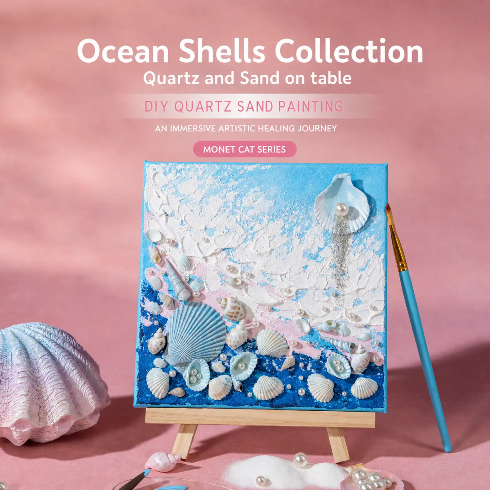 Quartz and Sand on table -Ocean Shells - Pink