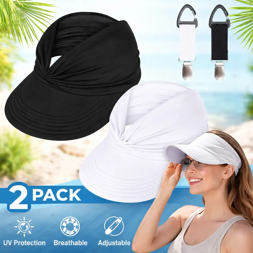 Women's 2-Pack Wide Brim Visor Sun Hats - Lightweight Breathable Headwear, Quick Drying Hat, Packable, Ponytail-Friendly, UV Protection Polyester Sports Caps for Beach, Casual Use