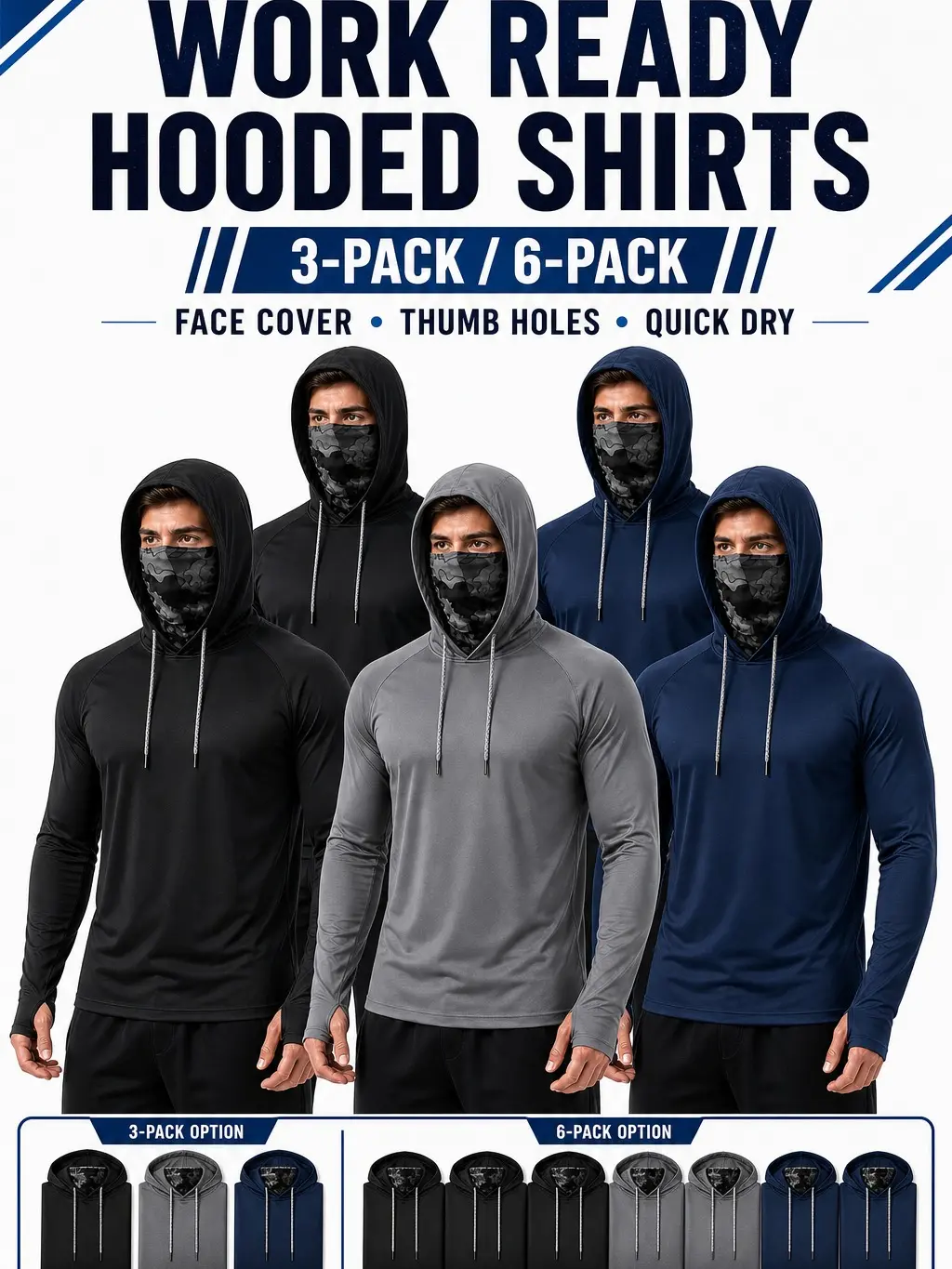 Men's 6-Pack Active Lightweight Long Sleeve Hoodies with Built-in Face Cover Quick-Dry Stretch Performance Work Shirts for Yardwork & Fishing