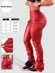 Women's Women's Solid Color Ruched Slouchy High-Waisted Faux Leather Pants, Button & Zip Closure, Pockets Design, All-Season Wear, Fitted, S-Type Silhouette, Solid Color