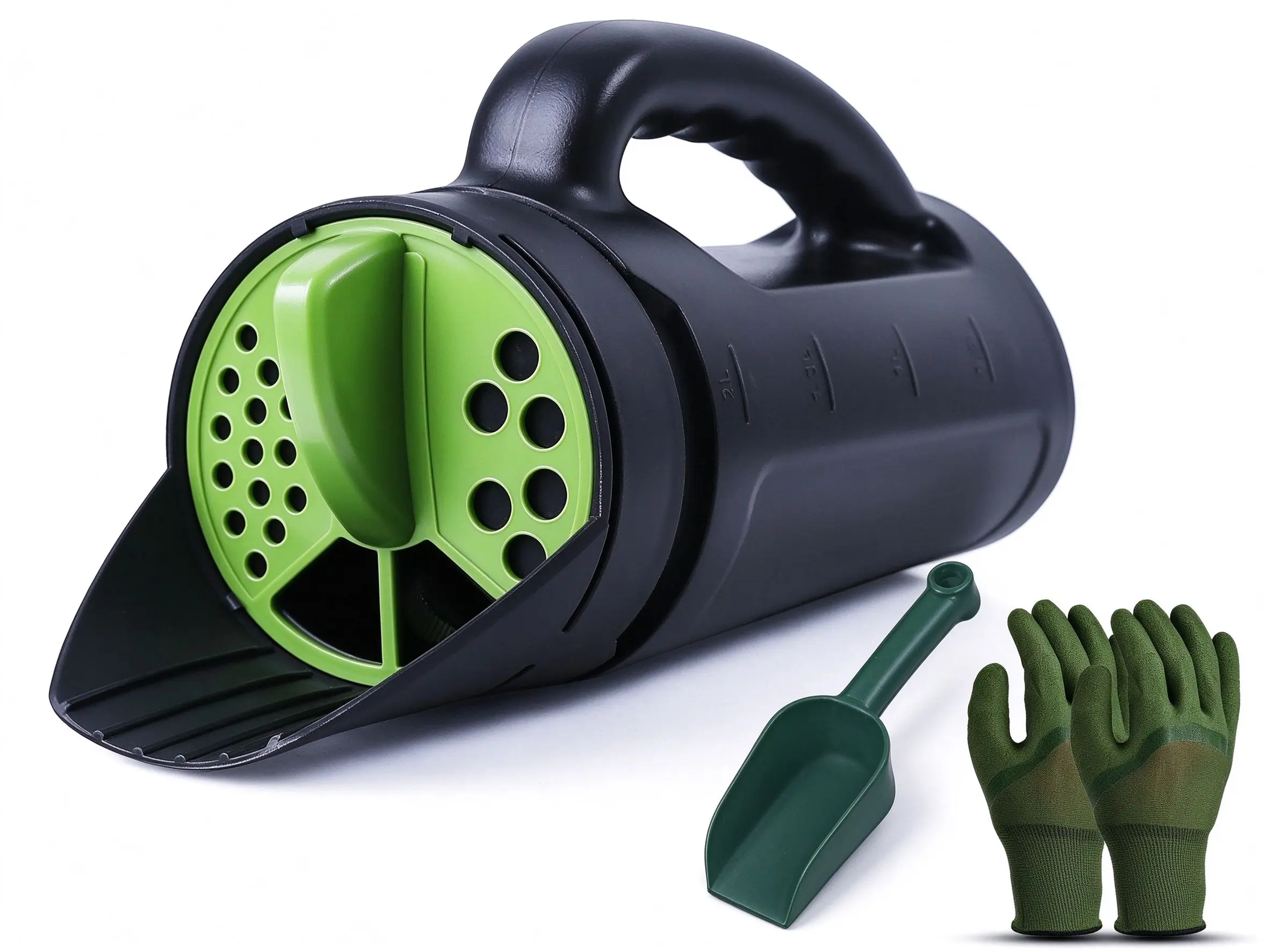 Qaobo Heavy-Duty Handheld Spreader Scoop Tool (Up to 80 Oz) - Detachable Wide-Open Adjustable Lid, Included Gloves, 3-Setting Convenient Efficient Spreading Tool for Lawn & Garden (Seed, Fertilizer Even Distribution)