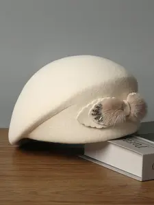 Women's Wool Beret Hat, Autumn Winter Vintage Style, Elegant Small Gift Cap with Faux Fur Ball Beads Flower Design, Fashion Accessory, Beaded Flower, Classic Style