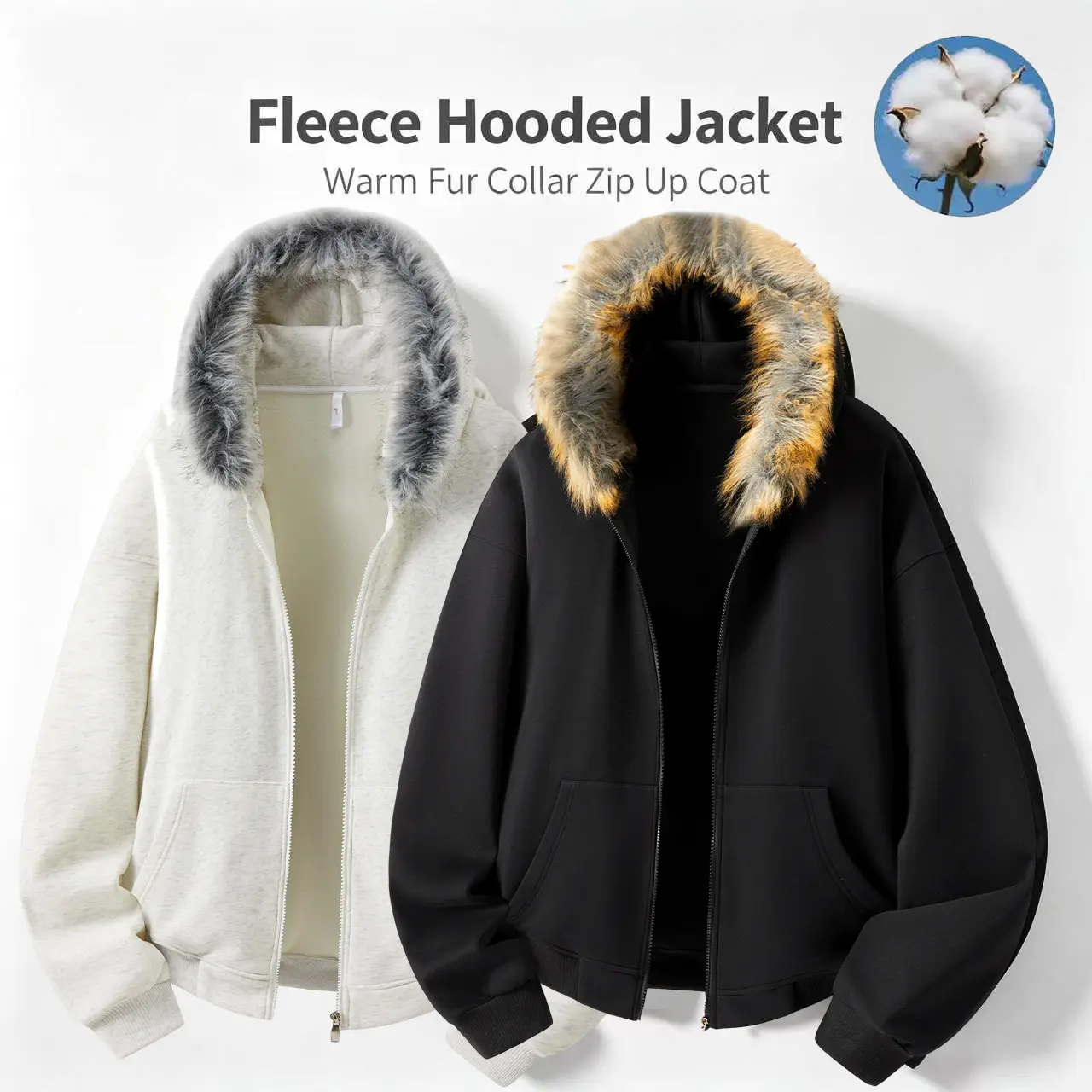 Autumn/Winter oversized cotton hooded jacket with a large hood, fleece lining, zipper closure, loose fit, warm, casual sweatshirt-style outerwear