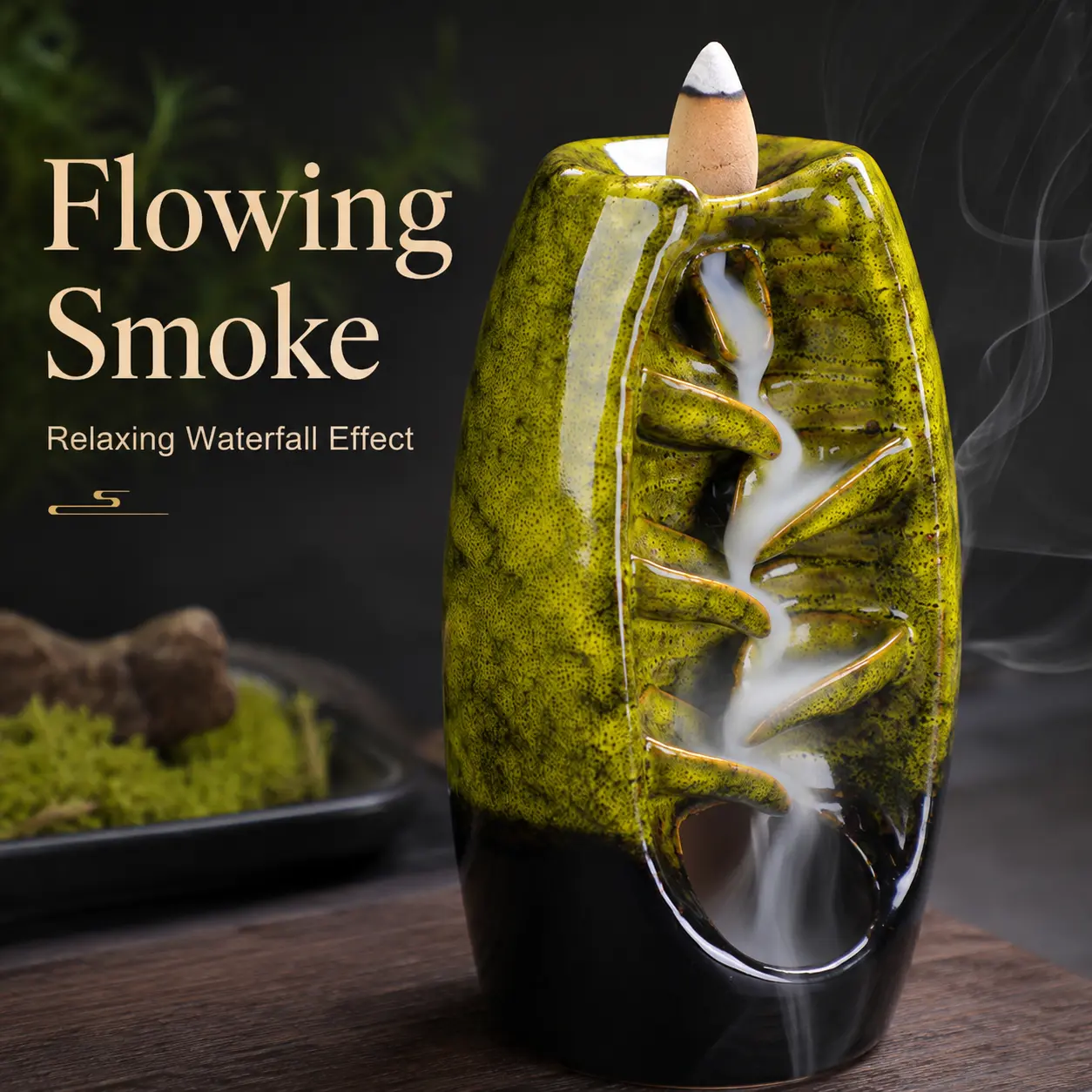 Backflow Incense Burner Ceramic Waterfall Aroma Holder, Decorative Home Decor Ornament with Smoke Flow Design for Living Room Bedroom Office