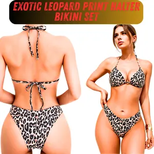 Women’s Leopard Print Two-Piece Swimsuit – High-Stretch Halter Neck Bikini with Seashell Accents – Trendy Animal Print Beachwear
