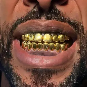 1 Set of 18K Golden Plated american men woman Hip hop street style sinners Grillz Set, 8 Top & 8 Bottom Oral Teeth brace Copper personal use Grills With Synthetic Zirconia Unisex Fashion Dental mouth punk tooth cap Accessories gift
