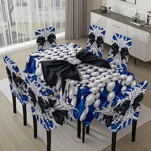 5/7-piece 2D Flat Printing Blue and White Pearl Bow Printing Pattern Tablecloth and Chair Cover Set, for dining table and chair decoration, perfect for home, holiday gatherings, restaurants, and parties.