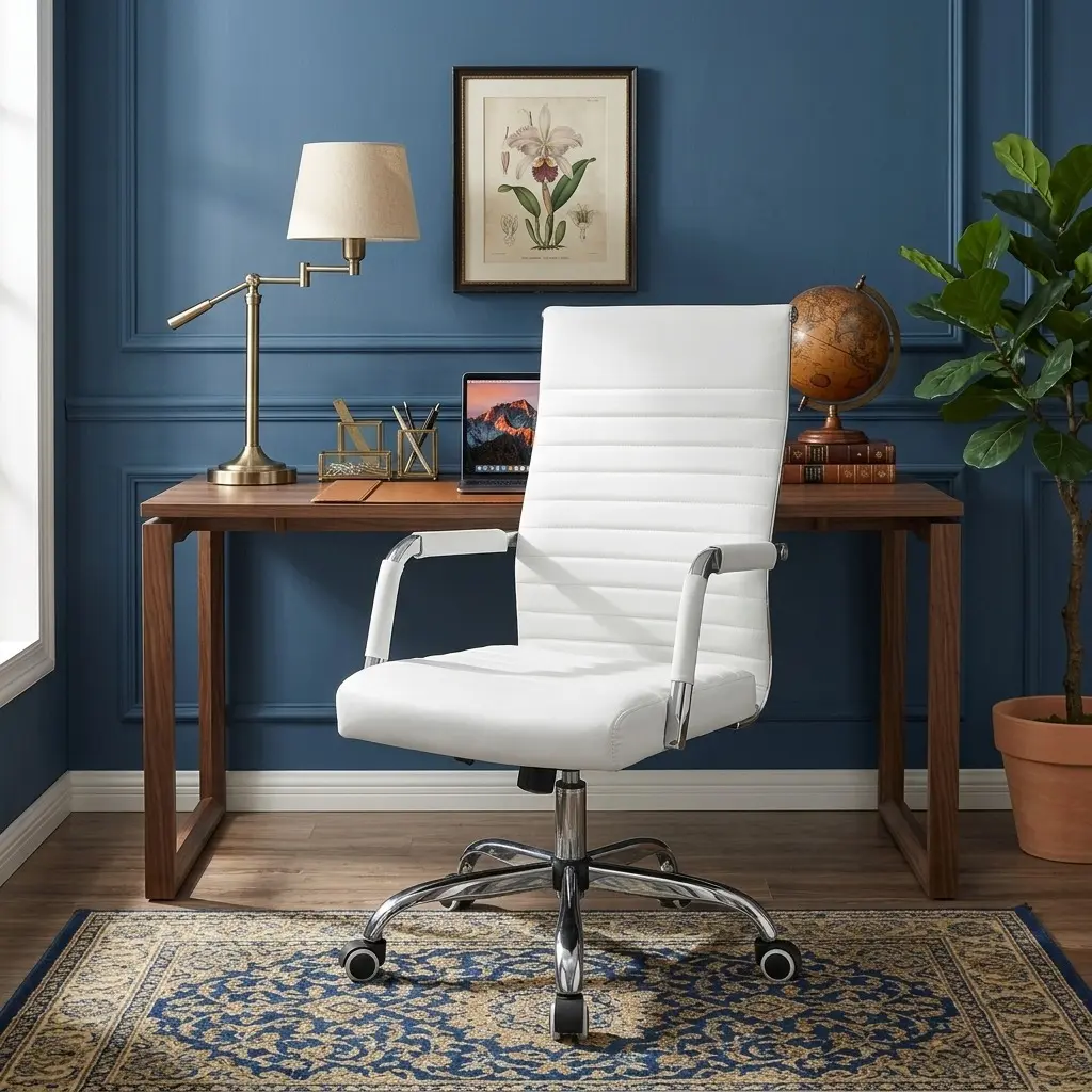 Ribbed Mid-Back PU Leather Adjustable Swivel Chair, Ergonomic Executive Conference Task Chair, Height Adjustable Rolling Computer Desk Chair for Office Home Use