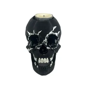 Painted Skull Tea Candle Holder - Black Design with White Skull Details, Ideal for Decorative Use