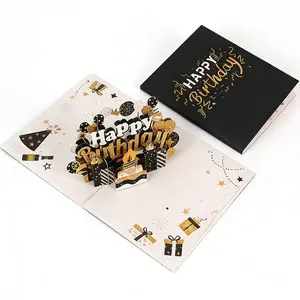 3D Pop Up Birthday Card, Luxury Black & Gold Foil Happy Birthday Greeting Card with Envelope & Note Card, Premium Handmade 3D Birthday Cake Card for Men Women Him Her, Birthday Gifts for Friends Family Colleagues