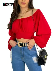 Women's Plain Tie Back Off Shoulder Crop Tee, Casual Chic Bishop Sleeve T-shirt for Daily Wear, Ladies Clothes for All Seasons