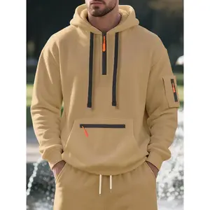 Men's Hooded Sweatshirt with Fleece Lining, Multiple Zipper Pockets, Comfortable Fall Winter Pullover, Long Sleeve Polyester Fabric