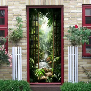 2pcs Stereo Forest Door Wall Sticker Tropical Rainforest Stream Waterfall Scenery Decal Living Room Entrance Corridor Background Wall Decorative Poster Self Adhesive Removable Eco Friendly PVC Material H